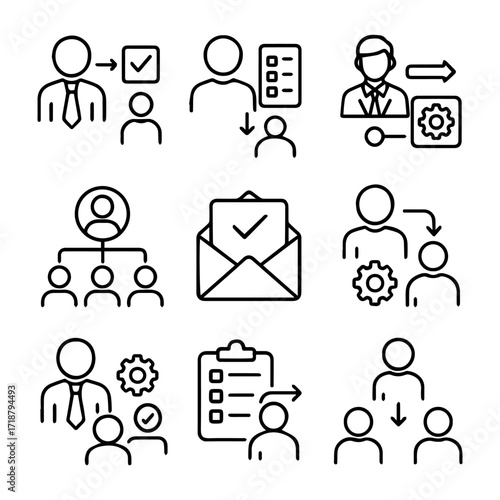 Line art icons depicting business processes teamwork and communication.