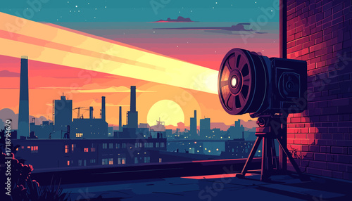 Vintage film projector casting light over a cityscape at sunset, with industrial buildings and a vibrant sky.