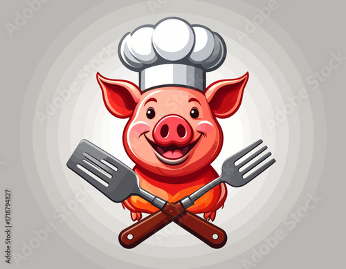 Cartoon pig chef with crossed spatula and fork, smiling.