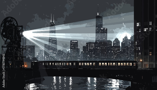 Cityscape with train and bright lights, possibly Chicago.