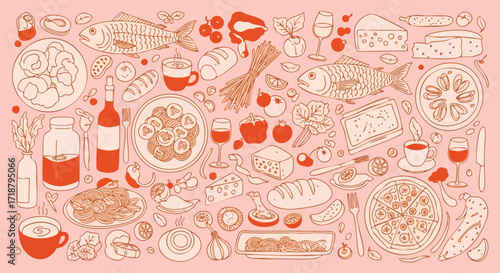 Whimsical hand-drawn food collage bursting with delicious Italian dishes, fresh fish, wine, and cheese perfect for culinary inspiration