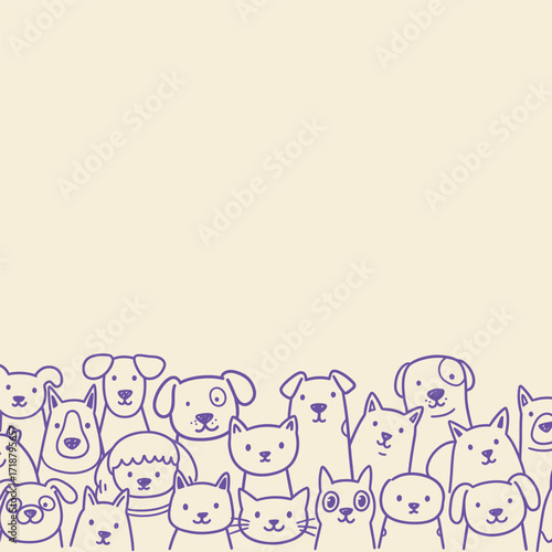 Adorable cartoon dogs and cats in a cute line up illustration.
