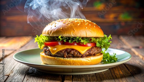 Delicious, steaming hot burger on a plate