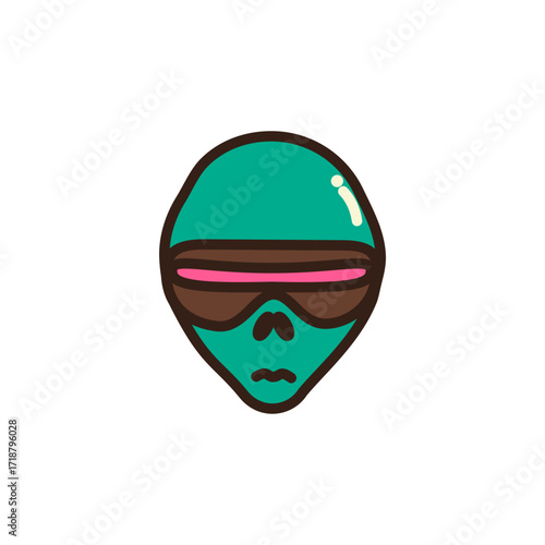 Behold the Cosmic Observer! This teal alien sports oversized sunglasses with pink lenses, a small mouth, and a bold black outline