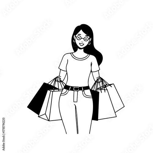 Black and white line art of a beautiful happy woman carrying shopping bags minimalist cheerful illustration