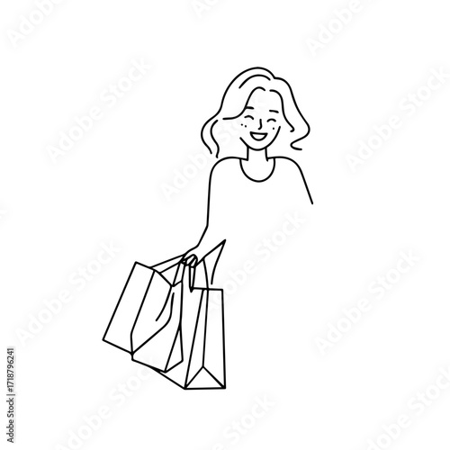 Black and white line art of a beautiful happy woman carrying shopping bags minimalist cheerful illustration