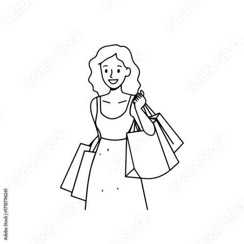 Black and white line art of a beautiful happy woman carrying shopping bags minimalist cheerful illustration