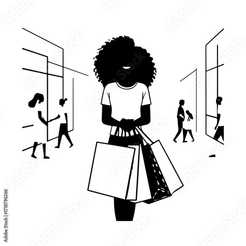 Black and white line art of a beautiful happy woman carrying shopping bags minimalist cheerful illustration