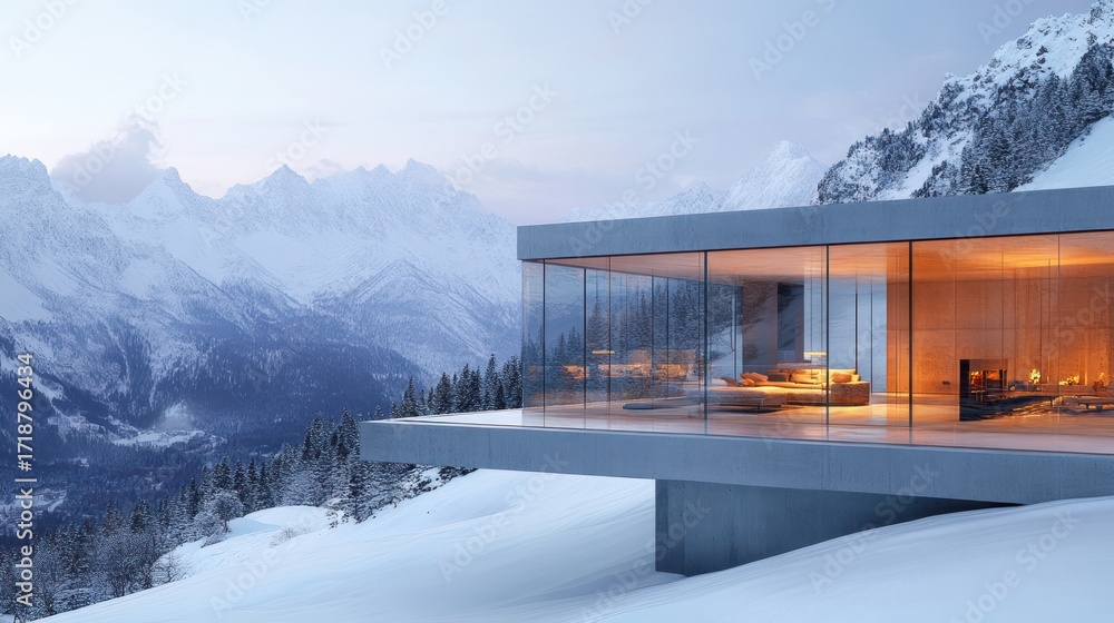 Fototapeta premium Modern mountain chalet, winter vista, peaceful interior