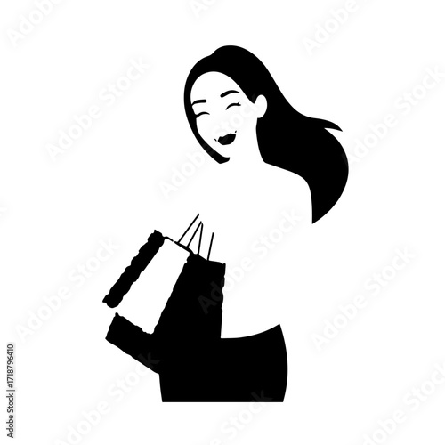 Black and white line art of a beautiful happy woman carrying shopping bags minimalist cheerful illustration
