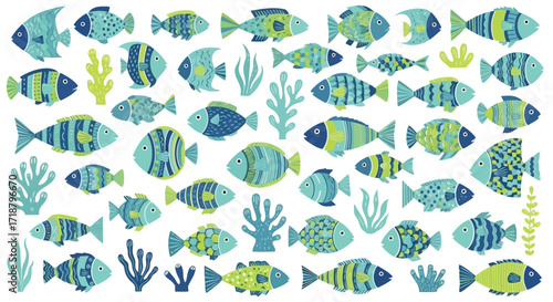 Vector illustration of illustration of cute cartoon fish and seaweed