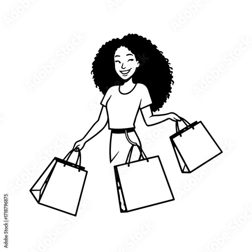 Black and white line art of a beautiful happy woman carrying shopping bags minimalist cheerful illustration