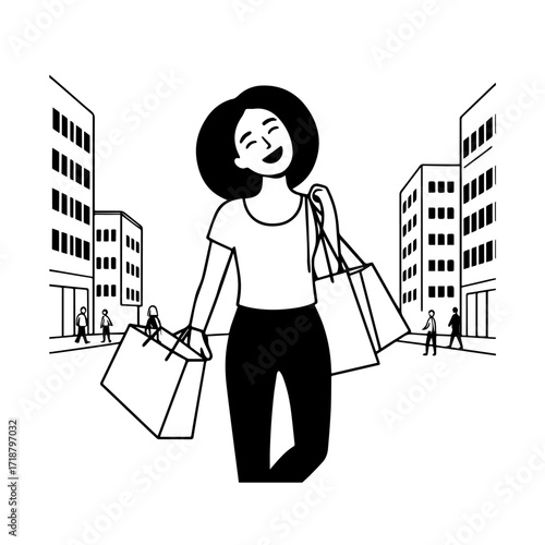 Black and white line art of a beautiful happy woman carrying shopping bags minimalist cheerful illustration