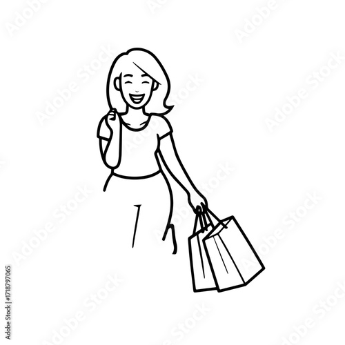 Black and white line art of a beautiful happy woman carrying shopping bags minimalist cheerful illustration
