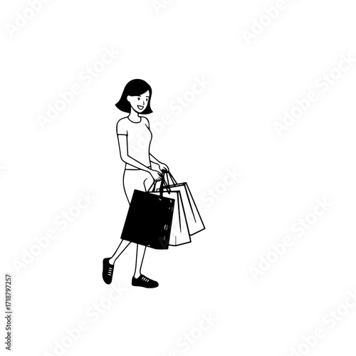 Black and white line art of a beautiful happy woman carrying shopping bags minimalist cheerful illustration