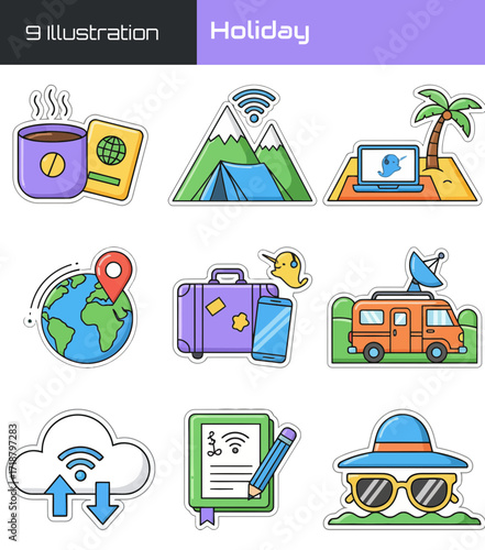 Nine colorful travel and holiday themed illustrations featuring a coffee, passport, tent, laptop, earth, suitcase, van, cloud, notebook, and hat.