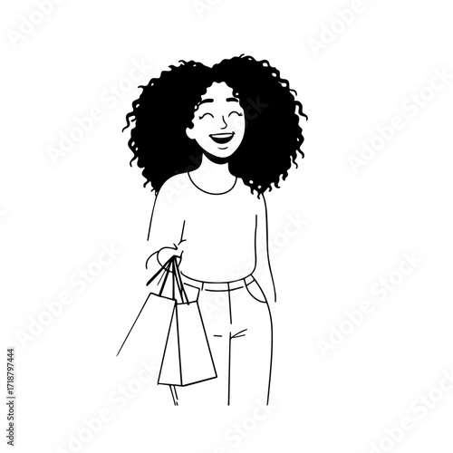 Black and white line art of a beautiful happy woman carrying shopping bags minimalist cheerful illustration