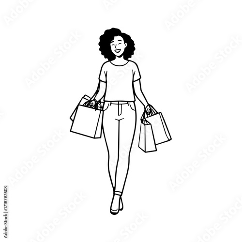 Black and white line art of a beautiful happy woman carrying shopping bags minimalist cheerful illustration