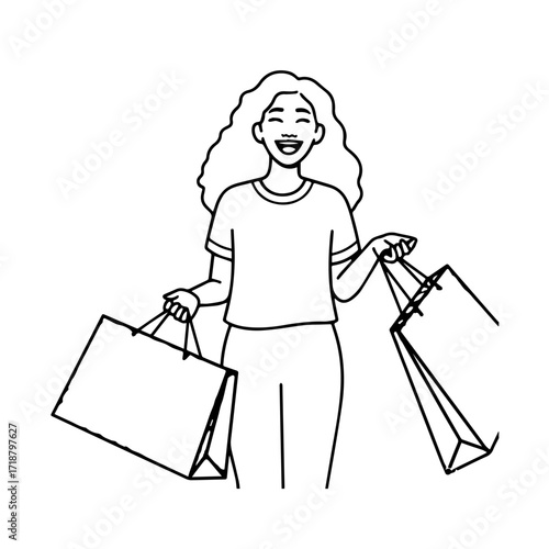 Black and white line art of a beautiful happy woman carrying shopping bags minimalist cheerful illustration