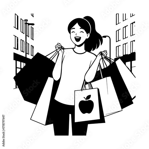 Black and white line art of a beautiful happy woman carrying shopping bags minimalist cheerful illustration