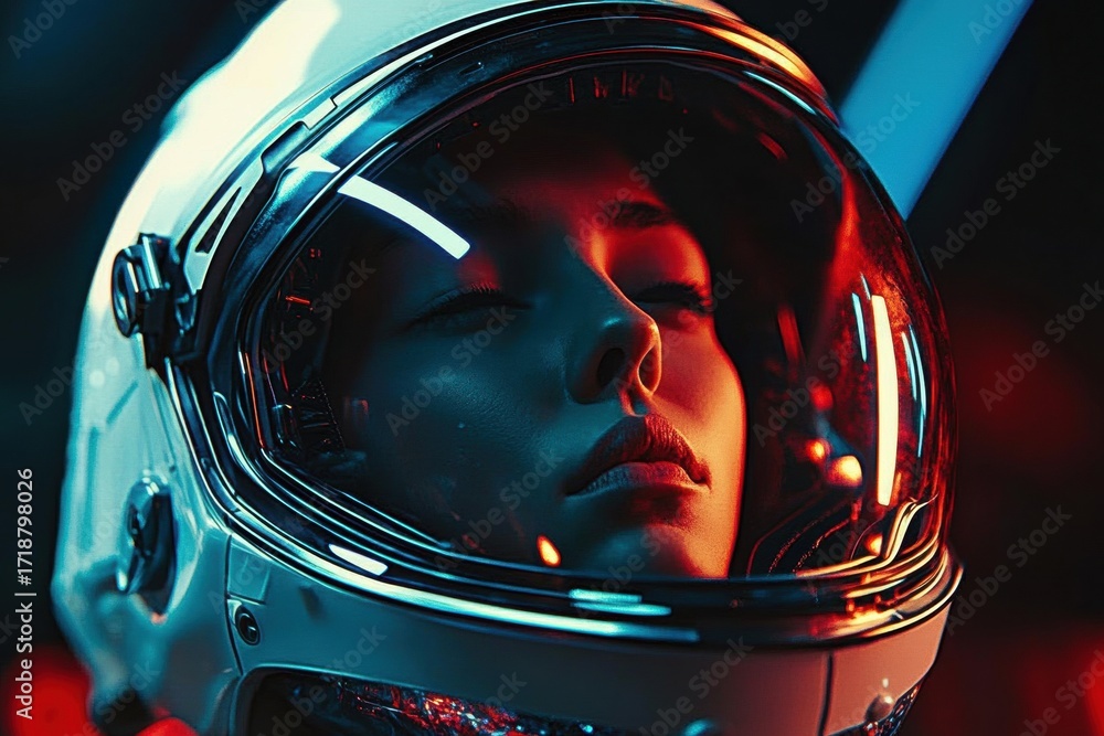 Fototapeta premium Astronaut man with helmet in space exploration suit title