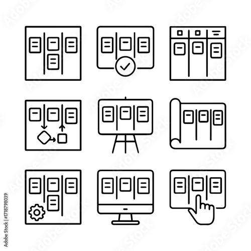 Nine Kanban Board Variations Flowchart Gear Monitor Easel and Hand Interaction.