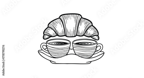 Elegant outline of two coffees and a fresh croissant, perfect for a cafe menu or a breakfast concept, offering a charming and inviting design element