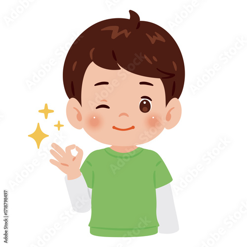 OKサインのポーズをする男の子の上半身イラスト／An illustration of a boy's upper body making an OK sign