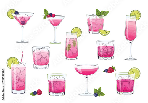 Vector illustration of illustration of collection of pink cocktails with garnishes