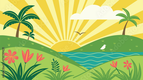 Cartoon tropical landscape shows sunrise with ocean, birds, flowers, and palm trees