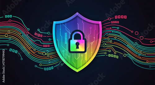 Cybersecurity protection shield with padlock for data privacy and network security technology concept