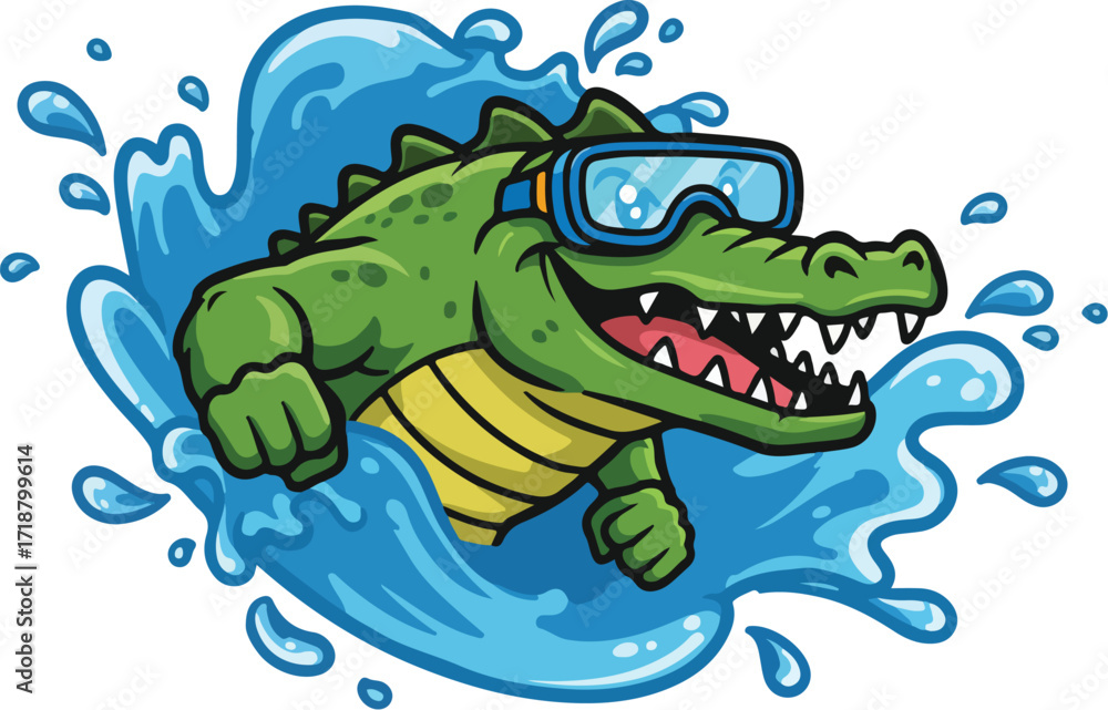Naklejka premium Cool Crocodile Mascot Swimming with Goggles Vector Cartoon Illustration