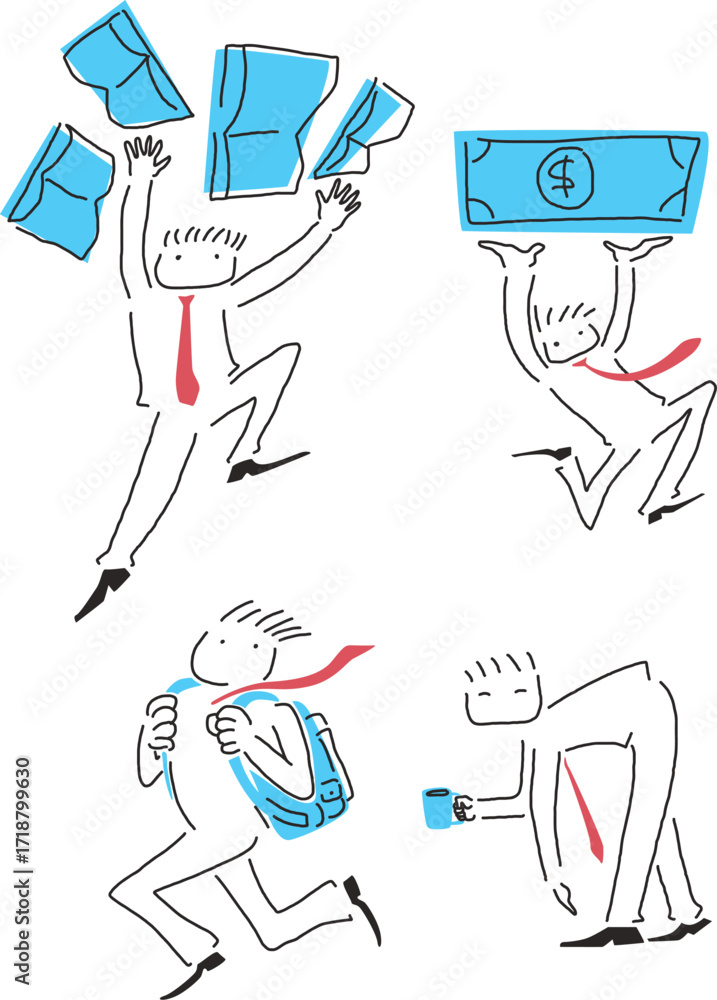 Fototapeta premium Hand-Drawn Business Person Characters – Office Money, Backpack, and Coffee Doodle Set