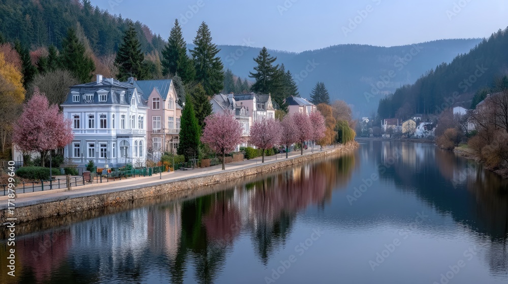 Fototapeta premium Scenic Village Lakeside View with Victorian Style Buildings Reflecting in Calm Blue Water Beneath Rolling Verdant Hills in Autumn Hues Under Clear Blue Sky