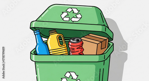 Recycling bin with glass bottle plastic container aluminum can and cardboard box for environmental conservation