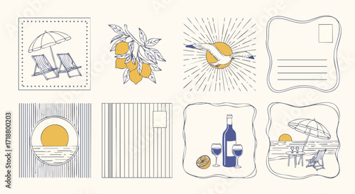 Charming summer vacation icons for a coastal getaway featuring sunny beaches, refreshing drinks and tropical citrus fruit in a vintage aesthetic design