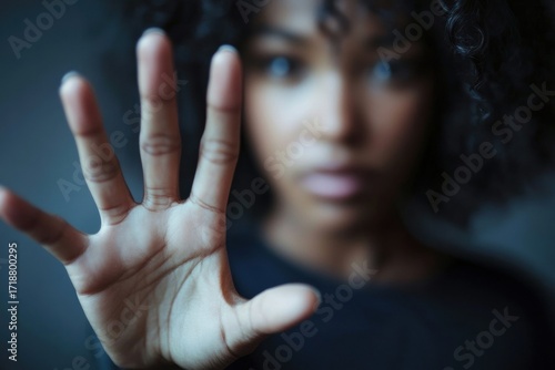 Defensive pose of woman raising hand title for a compelling image. Woman's raised