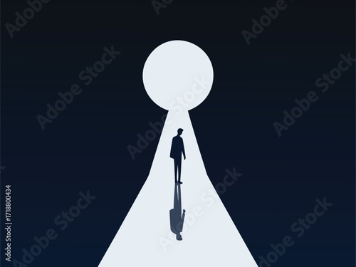 Career Development Tips, Businessman Standing at Keyhole Door

