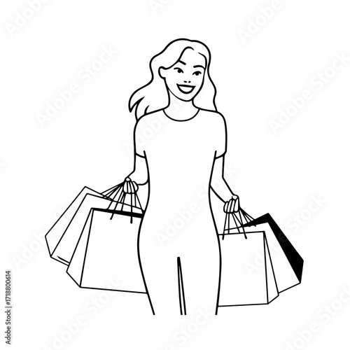 Black and white line art of a beautiful happy woman carrying shopping bags minimalist cheerful illustration