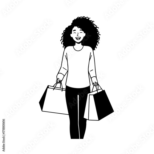 Black and white line art of a beautiful happy woman carrying shopping bags minimalist cheerful illustration