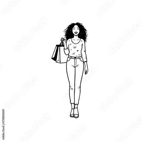Black and white line art of a beautiful happy woman carrying shopping bags minimalist cheerful illustration