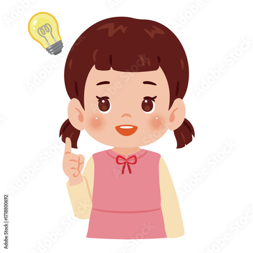 閃く女の子の上半身イラスト／An illustration of a girl's upper body with a lightbuld moment