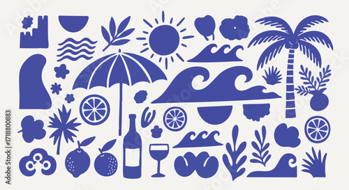 Vibrant summer vacation elements like a palm tree, waves, sun, and umbrella evoke pure joy and relaxation for your next project.