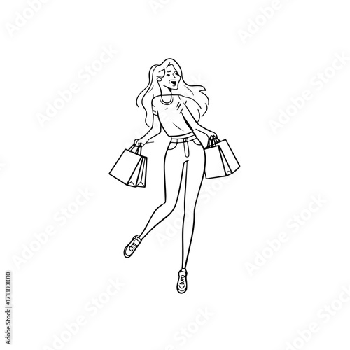 Black and white line art of a beautiful happy woman carrying shopping bags minimalist cheerful illustration