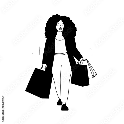 Black and white line art of a beautiful happy woman carrying shopping bags minimalist cheerful illustration