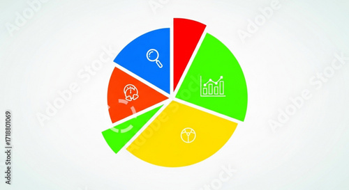 Pie chart infographic business data analysis presentation template with colorful segments and icons for website