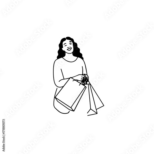 Black and white line art of a beautiful happy woman carrying shopping bags minimalist cheerful illustration