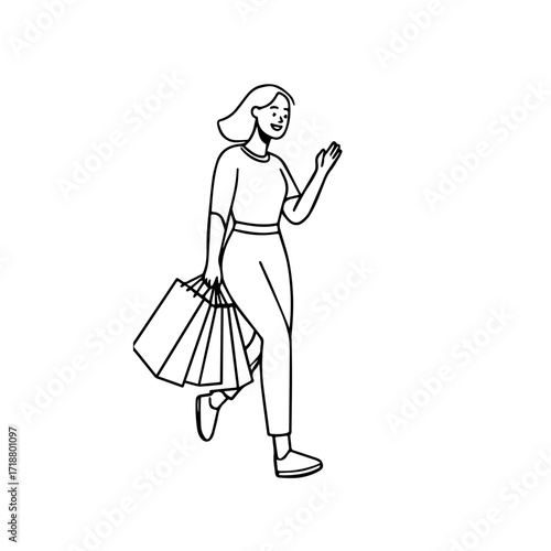 Black and white line art of a beautiful happy woman carrying shopping bags minimalist cheerful illustration