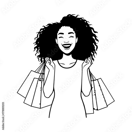 Black and white line art of a beautiful happy woman carrying shopping bags minimalist cheerful illustration