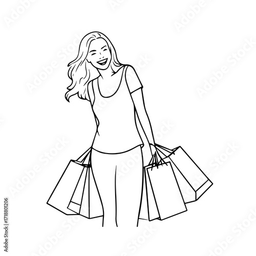 Black and white line art of a beautiful happy woman carrying shopping bags minimalist cheerful illustration